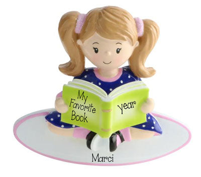 Little Girl in Pigtails Reading a Book-Personalized Ornament