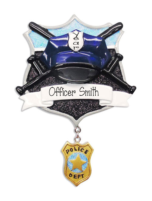 Police Hat and Badge~Personalized Christmas Ornament