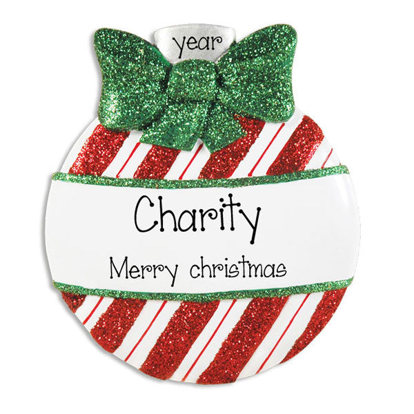 Christmas Ball Personalized Ornament ~ Christmas Gift ~ Holiday Ornament ~ Red Glitter Stripped with Green Glitter Bow Round Ornament