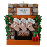 Rustic Lodge Keepsake, Family Of 3 Fireplace with three stockings Christmas Ornament, Personalized