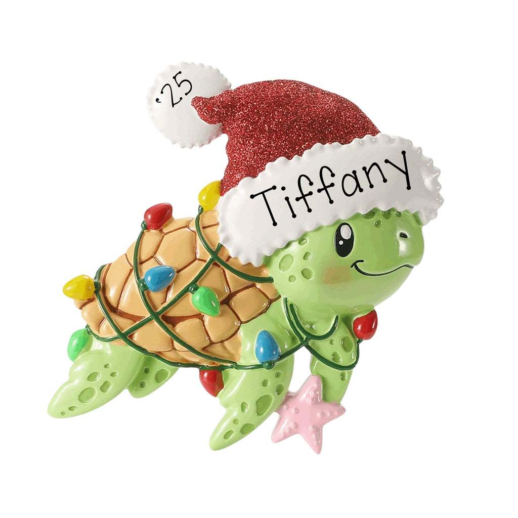Personalized Sea Turtle Ornament ~ Green Turtle with a Santa Hat and Christmas Lights Christmas Ornament ~ Beach Vacation Ornament