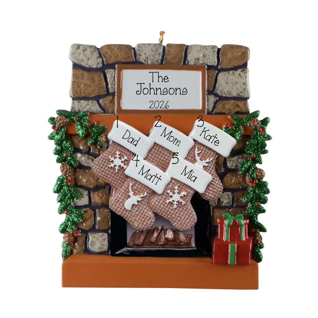 Custom Family Keepsake, Family Of 5 Lodge Fireplace Ornament