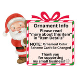 Santa Claus holding a sign with information about an ornament.
