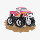 Pink monster truck toy with large wheels on a white background