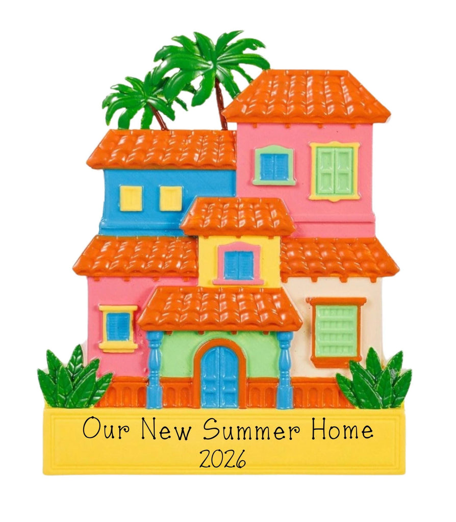 Colorful Caribbean House Personalized Christmas Ornament ~ Colorful Beach House with Palm Trees ~ Southwest Home ~ Beach Vacation Ornament