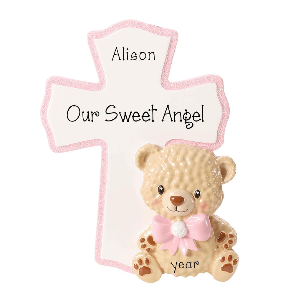 Personalized Child Bear with Pink Cross Ornament ~ Baby Girl Memorial Ornament ~ Christening Ornament for a Girl ~ Child memorial Ornament