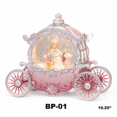 A pink and silver carriage-shaped decorative night light with a glittery interior featuring a princess and horse, shown on a white background with the text BP-01 and 10.25" below.