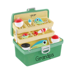 Toy fishing tackle box with colorful fishing lures on a white background