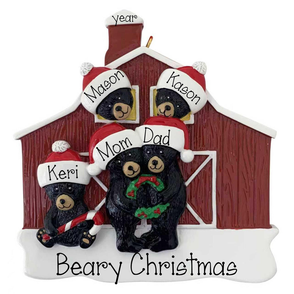 Personalized Black Bear Family of 5 Christmas Ornament – Red Barn Family or Grandkids Keepsake