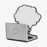 A silver laptop-shaped mirror with a thought bubble design on a light gray background.