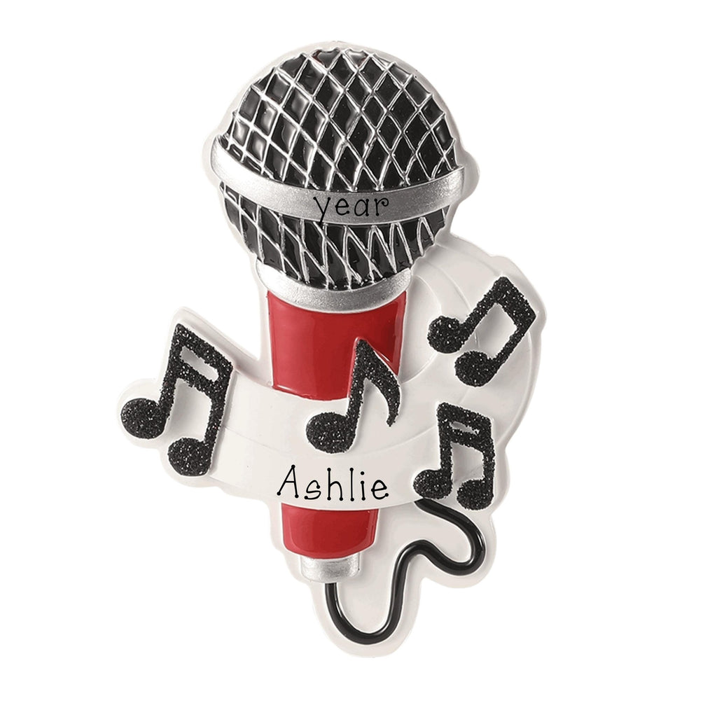 Personalized Microphone Ornament ~ Karaoke Ornament ~ Red Microphone with Music Notes ~ Singer Ornament ~ Musician Ornament