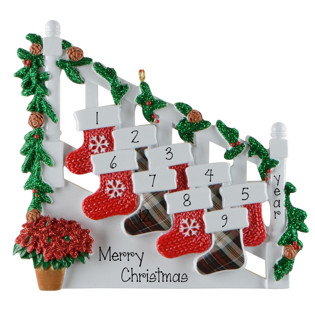 Personalized Family of 9 Bannister Ornament, Nine Grandkids Staircase Stockings Christmas Keepsake