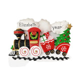 A personalized Christmas train ornament featuring a black and red locomotive, red cargo cars with snowflake patterns, a green Christmas tree, and white clouds reading 'Elizabeth' and 'year'.