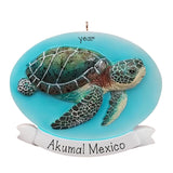 An oval-shaped decorative ornament featuring a detailed sea turtle illustration on a light blue background, with a white banner at the bottom reading 'Akumal Mexico' and a small hanging loop at the top.