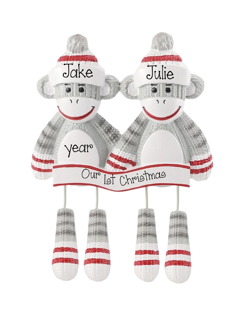 Personalized Sock Monkey Couple Christmas Ornament ~ Grandkids Christmas Ornaments ~ Sock Monkey Best Friends Hand Personalized Ornament