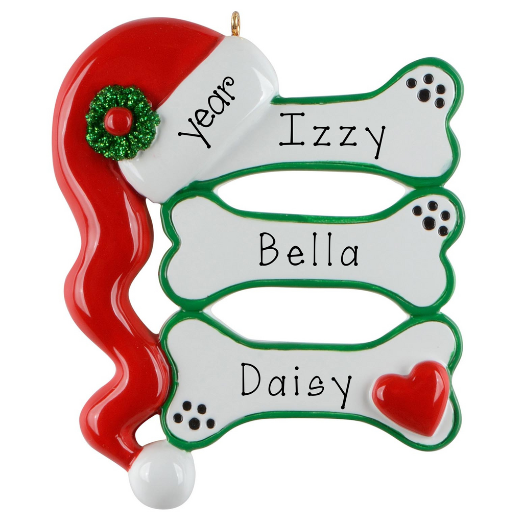 Three Dog Bones with Santa Hat Personalized Christmas Ornament ~ Dog Lover Gift ~ 3 Dog's Custom Ornament ~ Puppy Ornament ~ Furry Friends