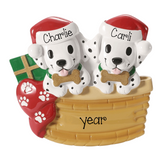 Two Dalmatians in a basket Personalized Christmas Ornament ~ Dalmatian Single Parent in a Wicker Basket ~ Twins First Christmas