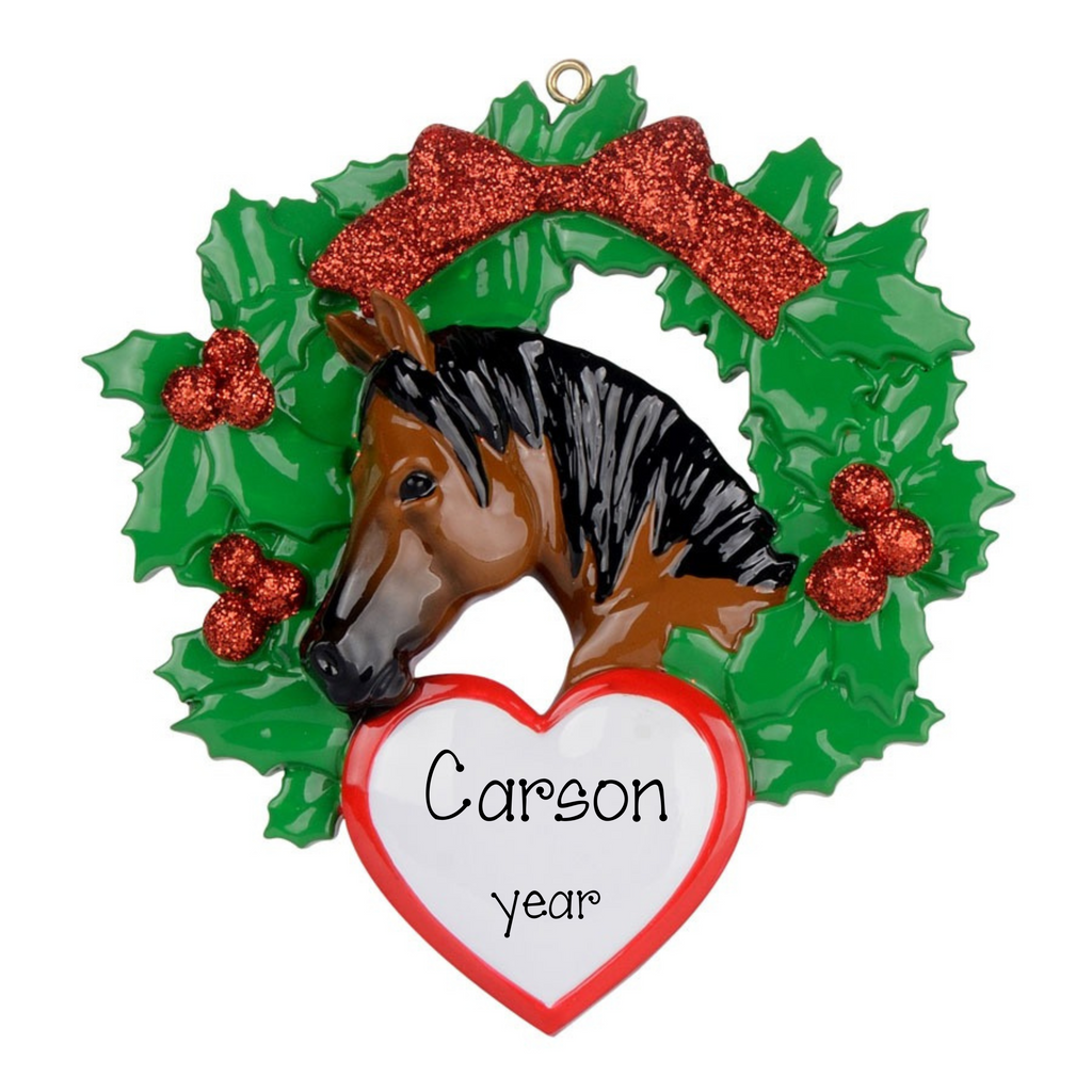 Personalized Brown and Black Horse with Wreath Christmas Ornament ~ Perfect Gift for Horse Lovers
