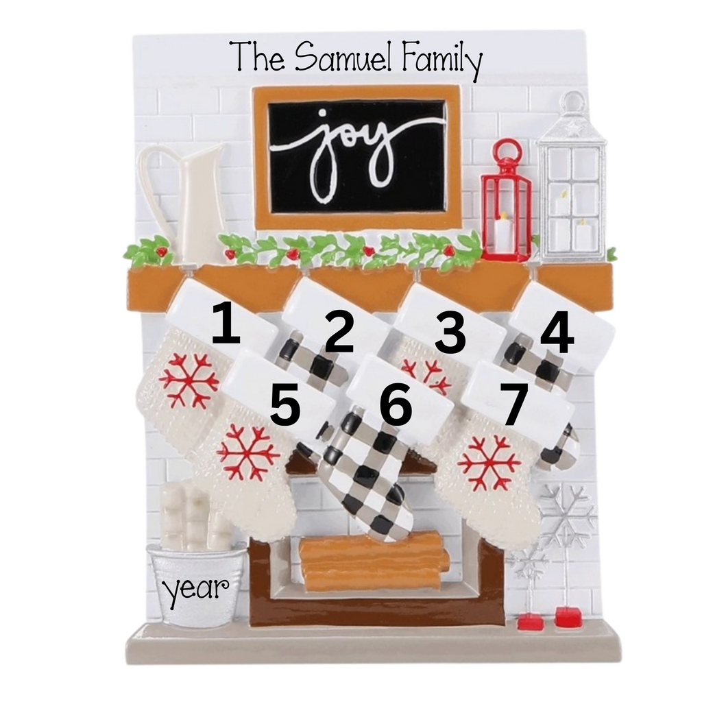 Personalized family of 7 Mantle Ornament ~ 7 stockings on Mantle
