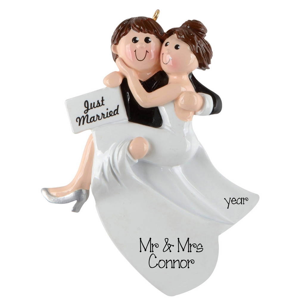 Just Married Personalized Christmas Ornament ~ Brunette Wedding Couple