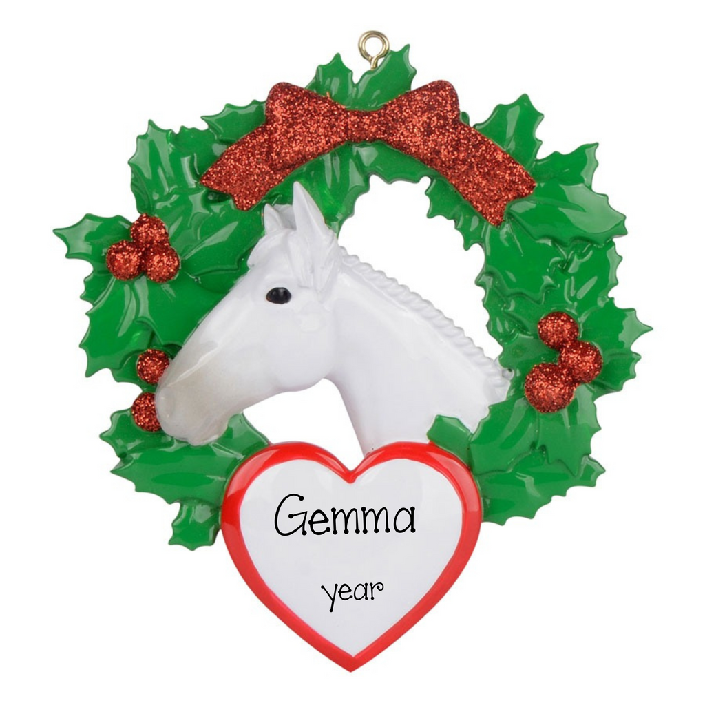 Personalized White Horse with Wreath Christmas Ornament ~ Perfect Gift for Horse Lovers
