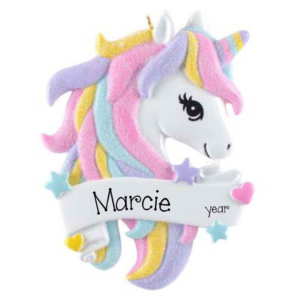 Unicorn and Rainbow Personalized Christmas Ornament ~ Personalized Glittery Magical Fairytale Pastel Unicorn