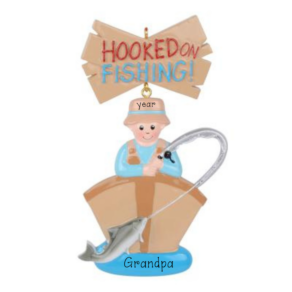 Hooked on Fishing Personalized Christmas Ornament ~ Fishing in a Boat ~ Gifts for Fisherman Grandpa ~ Fishing Gift For Dad