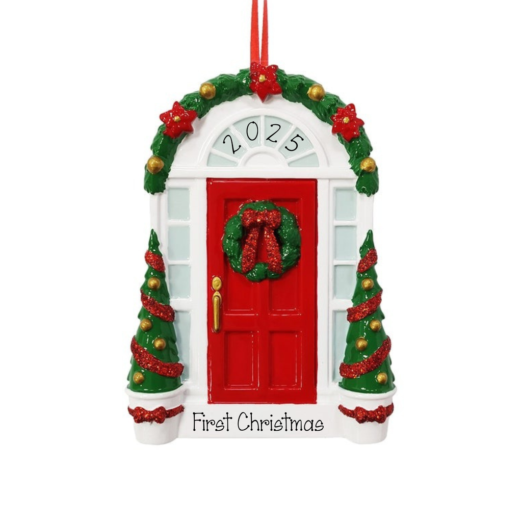 Red Door with Wreath Ornament ~ Personalized New Home Christmas Ornament