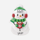 Personalized Snowman drinking Hot Cocoa Christmas Ornament, Frosty the Snowman with Green Scarf and Red Ear Muffs, Personalized Gift