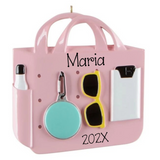 Personalized Trendy Pink Beach Bag Christmas Ornament – Girls Trip, Beach Vacation Keepsake, Summer Travel Gift