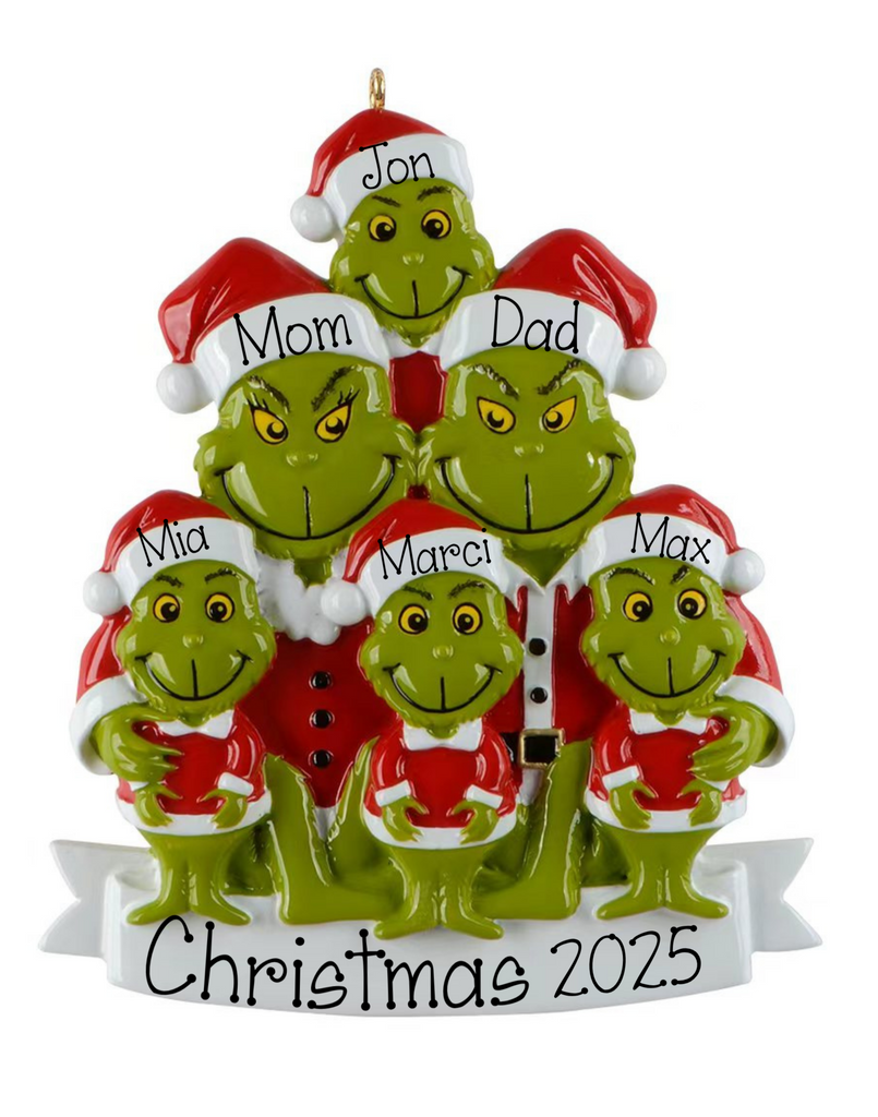 Personalized Family of 6 Grinch Christmas Ornament ~ Family of 6 Merry Grinch-mas