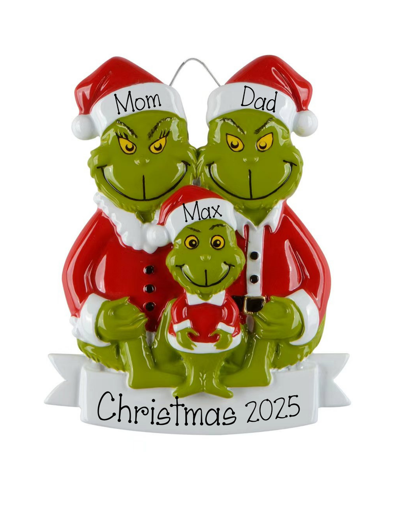 Personalized Family of 3 Grinch Christmas Ornament ~ Family of 3 Merry Grinch-mas Personalized