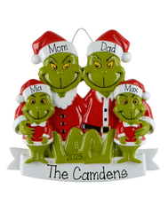 Personalized Family of 4 Grinch Christmas Ornament ~ Family of 4 Merry Grinch-mas