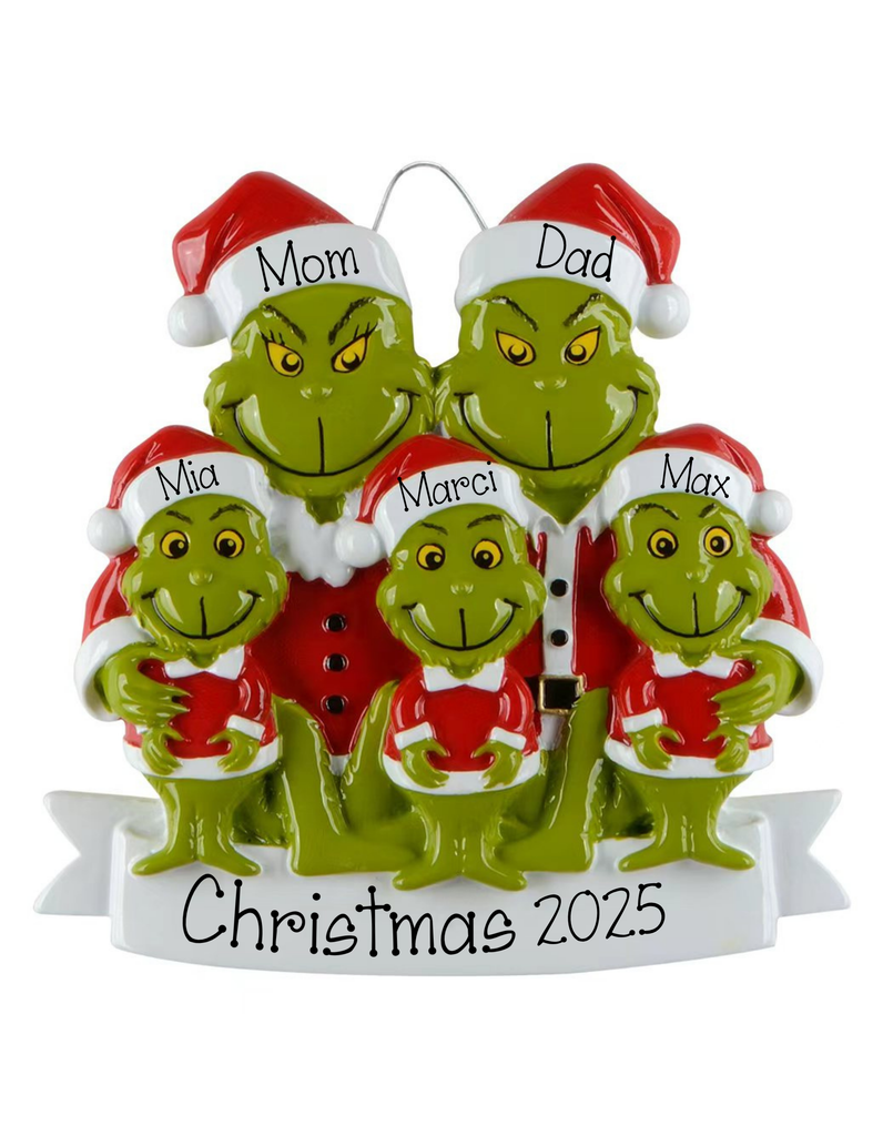 Personalized Family of 5 Grinch Christmas Ornament ~ Family of 5 Merry Grinch-mas