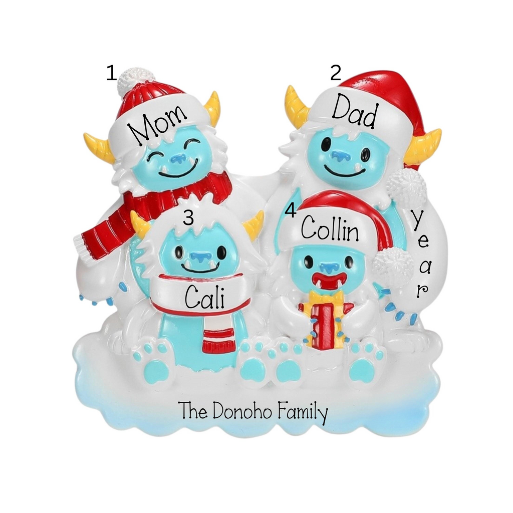 Yeti Family of 4 Personalized Christmas Ornament ~ Family of 4 Yeti Ornament ~ Christmas Ornaments ~ Personalized Gift ~ Customized Ornament
