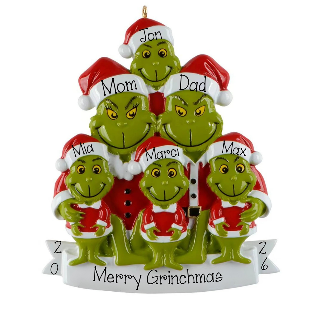 Personalized Family of 6 Green Furry Monster Christmas Ornament