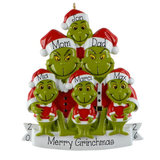 A Christmas ornament shaped like a tree made of seven Grinch figures wearing Santa hats, with the names of family members printed on their hats and a banner at the bottom that reads 'Merry Grinchmas'.