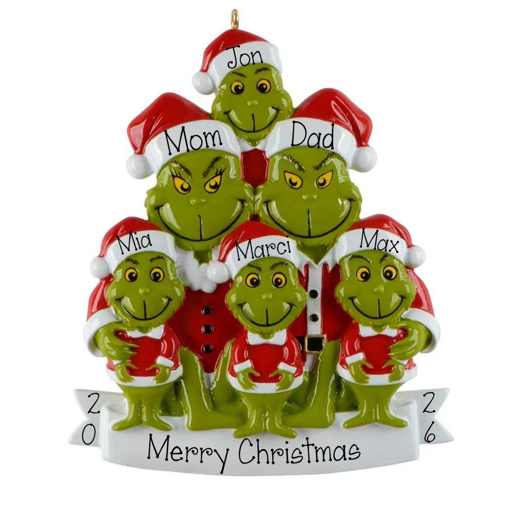Personalized Family of 6 Green Furry Monster Christmas Ornament