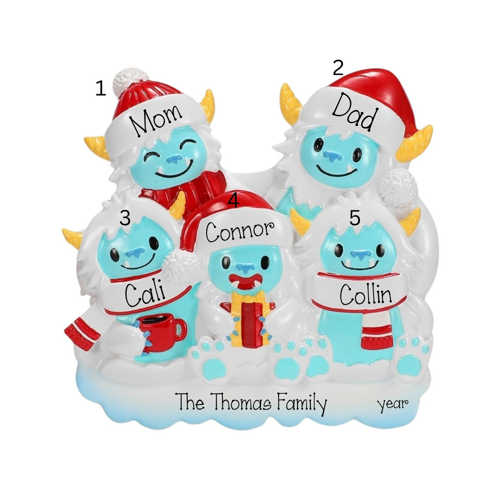 Yeti Family of 5 Personalized Christmas Ornament ~ Family of 5 Yeti Ornament ~ Christmas Ornaments ~ Personalized Gift ~ Customized Ornament