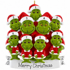 Personalized Family of 9 Green Monster Christmas Ornament