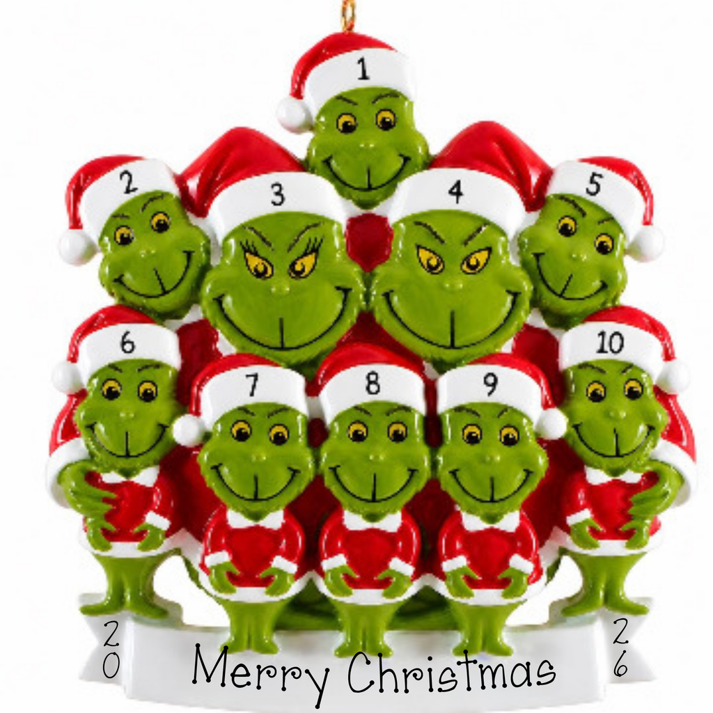 Personalized Family of 10 Green Monster Christmas Ornament