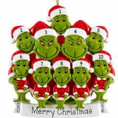 Personalized Family of 10 Green Monster Christmas Ornament