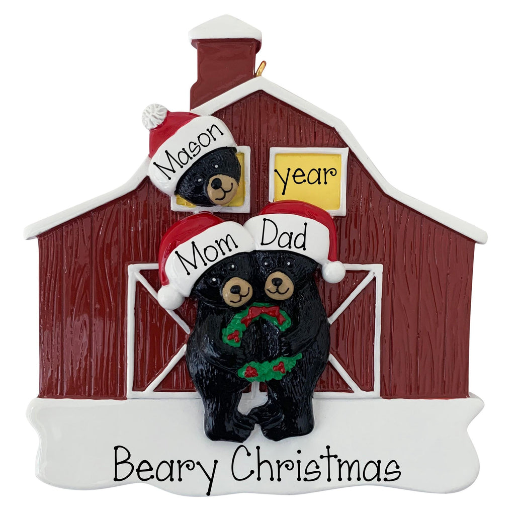 Personalized Black Bear Family of 3 Christmas Ornament – Red Barn Family or Grandkids Keepsake