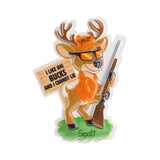 A cartoon deer wearing sunglasses and holding a rifle, with a sign that says "I like big bucks and I cannot lie".