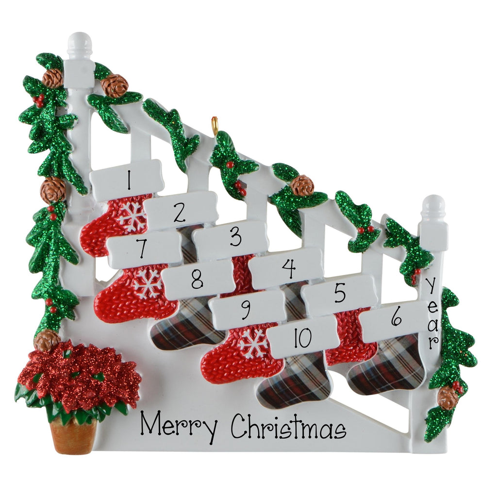 Personalized Family of 10 Staircase Bannister Ornament, 10 Stockings, Ten Grandkids Christmas Keepsake,