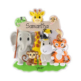 Custom jungle-themed animal party backdrop with cartoon animals including an elephant, giraffe, toucan, tiger, monkey, and frog, a banner reading 'Samantha', and a green base labeled 'year'.