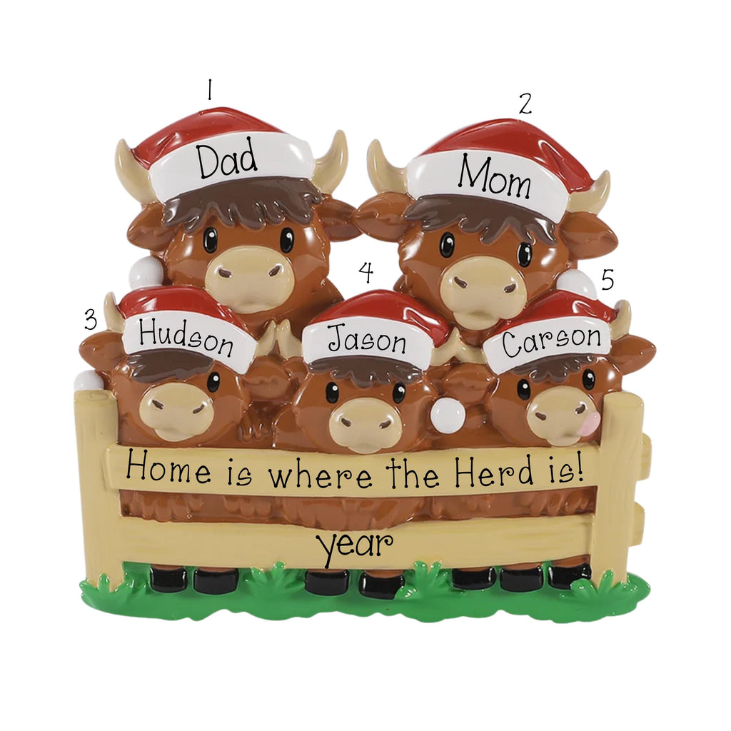 Personalized Highland Cow Family of 5 Christmas Ornament , Christmas Ornament for 5