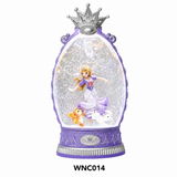 A purple and silver snow globe figurine featuring a princess in a white and purple gown, a golden cat, and a white dog inside a clear globe with a silver crown on top, shown on a white background with the code WNC014 below.