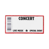A rectangular concert ticket sticker with a red glitter border, featuring the word 'CONCERT' in bold black letters, a barcode on the left, and 'LIVE MUSIC ★ SPECIAL EVENT' printed at the bottom on a white background.