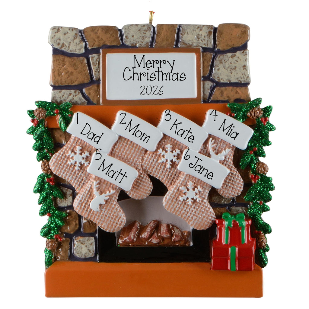 Personalized Family of 6 Ornament, Rustic Lodge Fireplace Christmas Mantel Keepsake